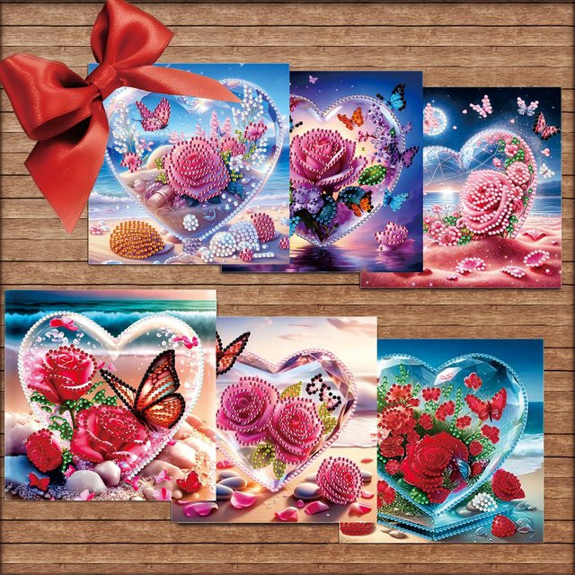 6-teiliges Weihnachtskarten-Set mit Diamantmalerei und Umschlägen, DIY-Herzblumen-Themenserie in Weiß und Multicolour aus Papier - Bild 1