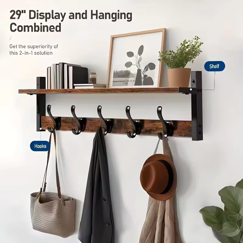 QUHE Schwebendes Wandregal mit 5 Haken in Industrial Design, Holz braun matt - Bild 5