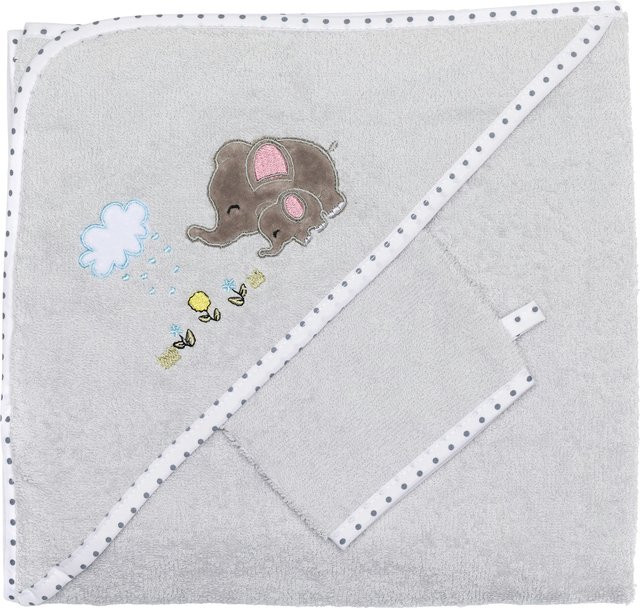 Fillikid 2-tlg. Badeset aus Baumwolle für Kinder mit Kapuzenbadetuch und Waschlappen, grau, B/H: 100 x 100 cm - Bild 1