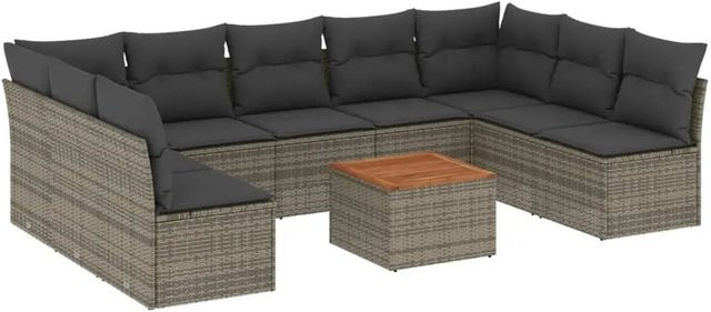 vidaXL 10-teilige Garten-Sofagarnitur aus Polyrattan in Grau mit Sitzkissen und Tisch in L-Form - Bild 1