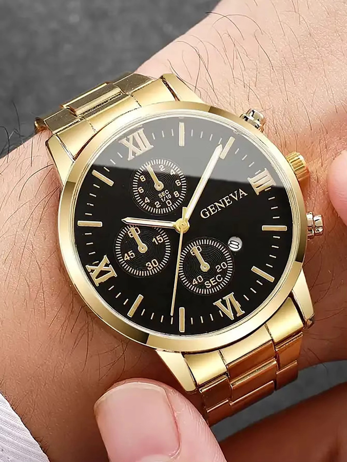 CMK Armbanduhr Quarz, Gold, Edelstahl, Schwarz, Herren, Datum - Bild 3
