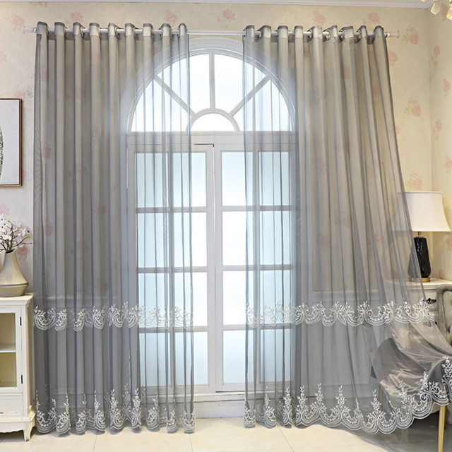 CENTURyMiG Transparenter Vorhang mit floraler Bestickung in Grau, Thermoisolierender Fenstervorhang für Wohnzimmer und Balkon, B/H: 100 x 200 cm - Bild 1