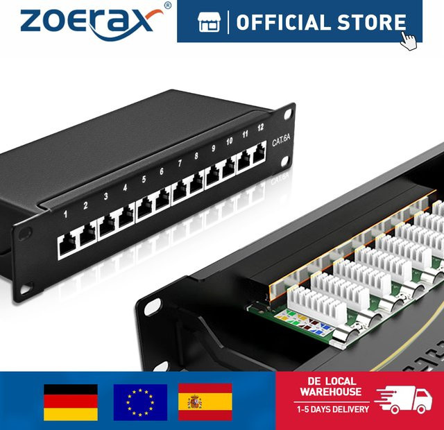 ZOERAX CAT6a Patchpanel Schwarz, 12/24-Port, 10 Gbit/s, abgeschirmtes Metall-Netzwerkpanel für Ethernet/LAN, 1 HE Rack- und Wandmontage, kompatibel mit CAT5e/6/6a/7 Kabeln - Bild 1