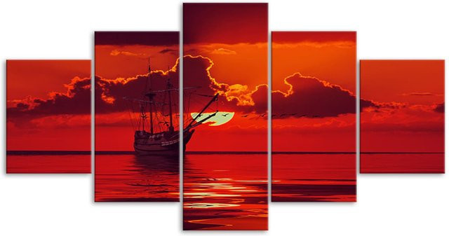 5-teiliges Leinwandbild von Niveous Art Museum mit Boot und Sonnenuntergang in rotem Himmel als moderne Landschaftskunst für dein Heimdekor - Bild 1