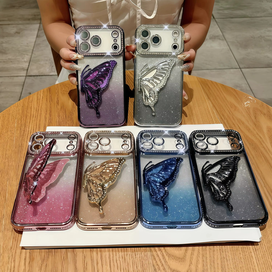 ZHUOHUAN Diamant-Schmetterlings-Handyhülle für iPhone 11 bis 17 Pro Max Plus in Blau mit Glitzer-Rückseite und Galvanisierung - Bild 5