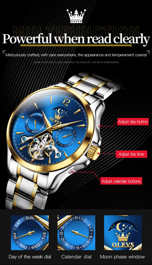 OLEVS Armbanduhr, Automatik, Skeleton, Mondphase, Edelstahl, Blau, Gold, Herren - Bild 4