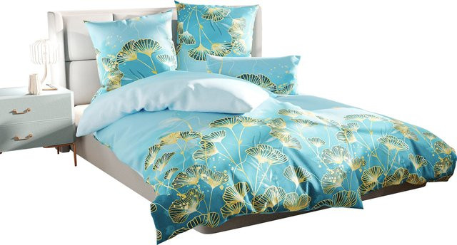 Wäschepur Bettwäsche mit floralem Blätter-Design in Petrol, Türkis und Blau, 100% Baumwolle, B/H: 135 x 200 cm, inklusive Kissen 80 x 80 cm - Bild 1