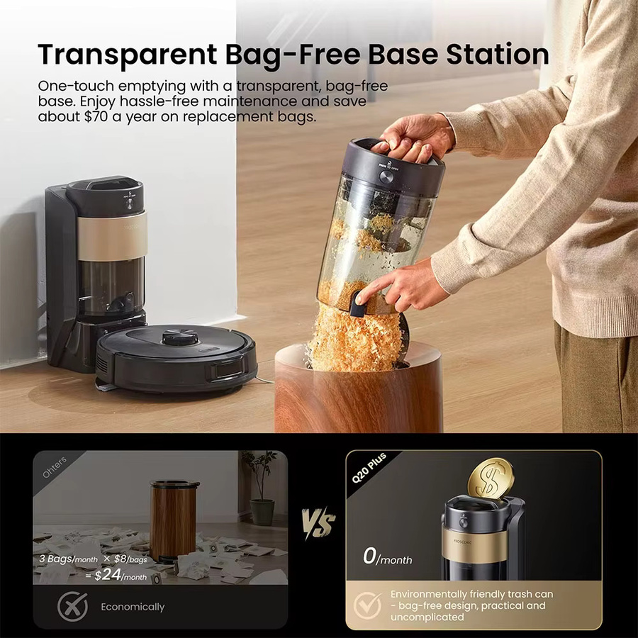 Proscenic Q20 Plus Roboter-Staubsauger mit Wischfunktion und Selbstentleerungsstation, 10000Pa Saugkraft, Schwarz, ideal für Teppiche und Haustiere mit Laser-Navigation - Bild 3
