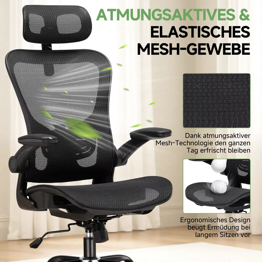 GTPLAYER Ergonomischer Bürostuhl CH90-BLK in Schwarz mit verstellbarer Kopfstütze, Wippfunktion und Mesh-Rückenlehne - Bild 3