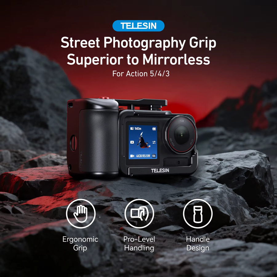 TELESIN StreetGrip Kit für DJI Action 5 Pro, 4 und 3 in Schwarz mit Handgriff, Fernbedienung, Aluminiumlegierung Schutzgehäuse-Set und Cold Shoe Adapter - Bild 2