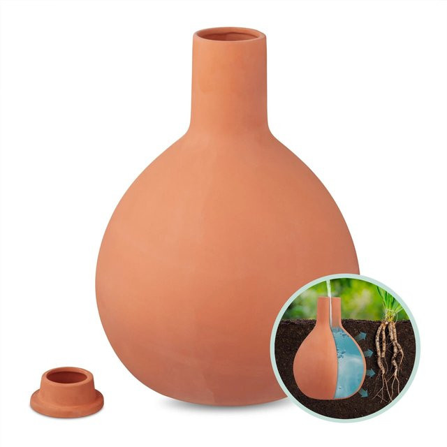 Relaxdays Olla aus Keramik in Terrakotta, wasserdurchlässige unterirdische Bewässerung mit Deckel, Farbe: Braun/Orange, B/T/H: 35 x 26 cm - Bild 1