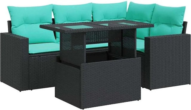 vidaXL 5-teilige Garten-Sofagarnitur in L-Form aus Polyrattan und Akazie mit Kissen in Schwarz - Bild 1