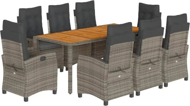 vidaXL 9-teilige Garten-Essgruppe aus Akazienholz und grauem PE-Rattan mit Kissen für Terrasse und Garten - Bild 1