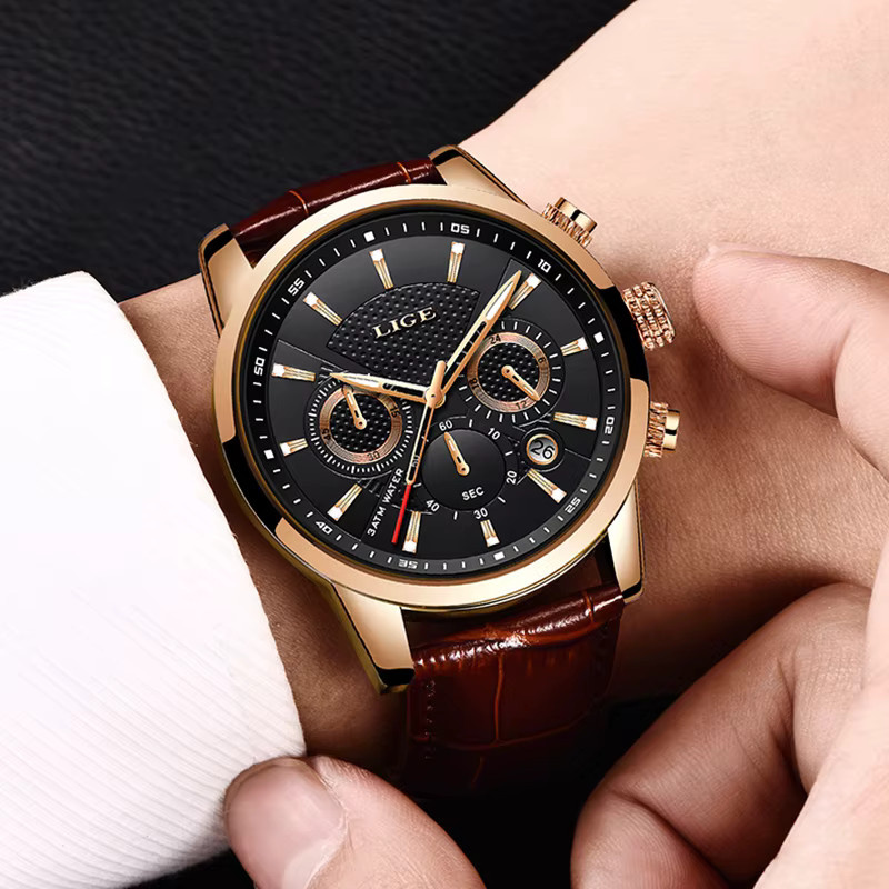 LIGE Chronograph Armbanduhr, Quarz, Leder, Schwarz, Herren - Bild 5