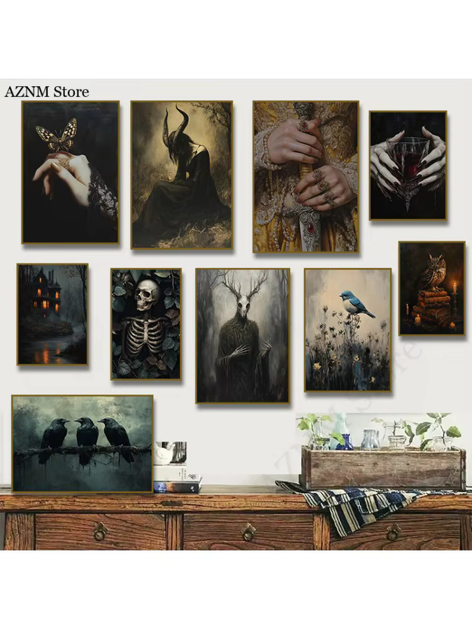 Potdemiel Vintage Leinwand Kunstdruck mit Motte, Krähen und Schädel im Gothic Cottagecore Stil - Bild 3