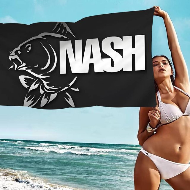 Nash Fishing Logo Mikrofaserdecke aus Polyester und Baumwolle, schnell trocknendes Strandtuch in Schwarz für Camping und Pool - Bild 1