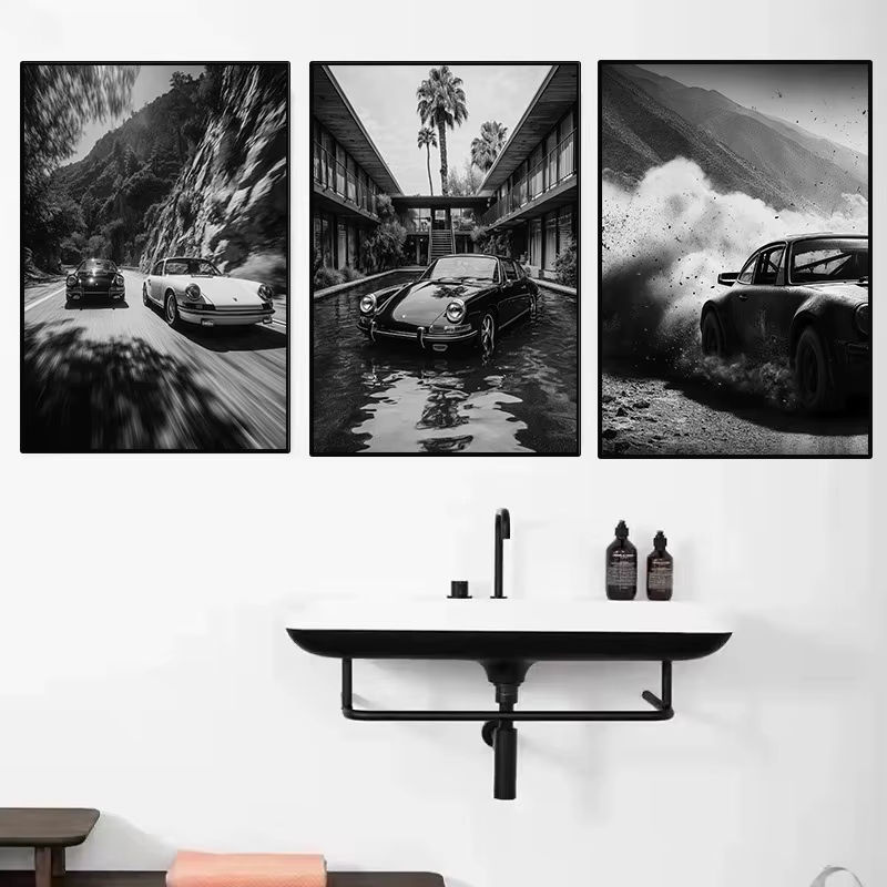 Vintage-Leinwandposter von Rastar mit Automobil-Rennfotografie in Schwarz-Weiß, rahmenloses Wandbild im Querformat - Bild 2