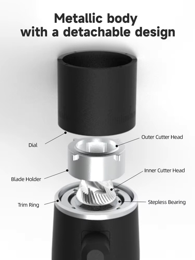 STARSEEKER EDGE Tragbare elektrische Mini-Kaffeemühle mit 38 mm Metall-Kegelmahlwerk, stufenlos verstellbar, USB Typ C, Farbe: Schwarz - Bild 5