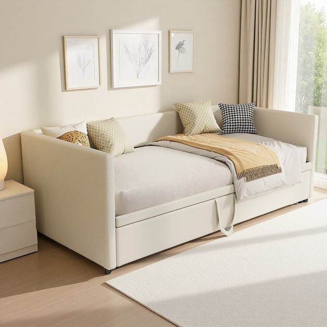 Superaly Ausziehbares Schlafsofa in Beige aus Samt mit Lattenrost und Gästebettfunktion, B/T/H: 180 x 200 x 90 cm - Bild 1