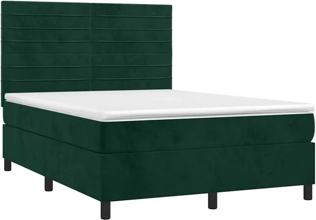 vidaXL Boxspringbett mit Matratze in Dunkelgrün aus Samt mit LED-Unterbettbeleuchtung und USB-Anschluss, B/T/H: 140 x 200 x 118 cm - Bild 1