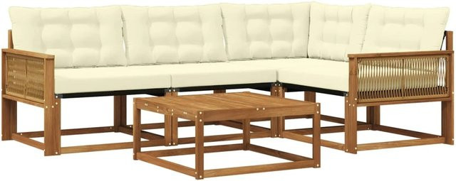 vidaXL Outdoor-Sofagarnitur L-Form aus massivem Akazienholz mit Textilene und 5 Kissen in Natur und Creme - Bild 1