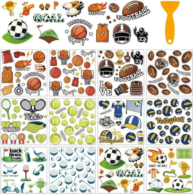 12 Blatt PVC-Aufkleber mit 12 verschiedenen Ball-Motiven wie Fußball, Basketball und Tennis zum Basteln und Aufreiben von Transfers, Mehrfarbig - Bild 1