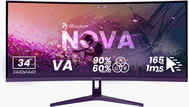 Arozzi Nova Gaming-Monitor, 34 Zoll, Curved, WQHD, VA, 165 Hz, Lila/Schwarz - Bild 1