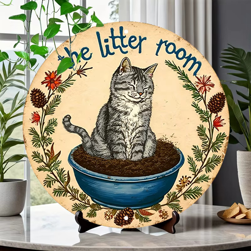 WhimsyCat Vintage Metallschild The Litter Room rund, rustikale Wandkunst aus Aluminium, Mehrfarbig, Durchmesser: 20 cm - Bild 3