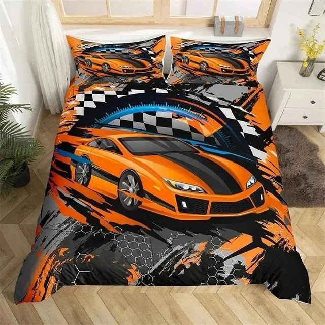 Bettwäsche-Set Lodestar mit Rennwagen-Motiv in Orange, bestehend aus Bettdecke und Kissenbezug, Microfaser, B/B: 228 x 228 cm - Bild 1
