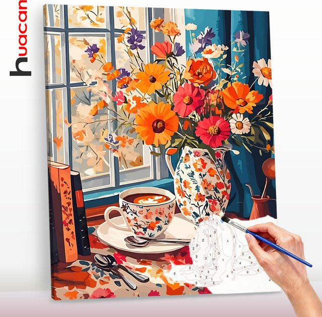 Huacan DIY-Ölgemälde nach Zahlen für Anfänger mit Blumenvase und Kaffeetasse, Mehrfarbiges Leinwand-Kunstset zur Heimdekoration - Bild 1