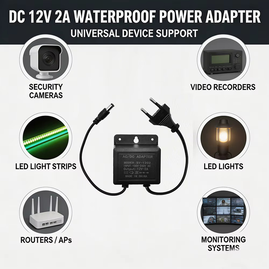 JIENUO 2er-Set Wasserdichtes DC12V 2A Netzteil mit EU-Stecker in Schwarz für CCTV Sicherheitskameras, NVR, DVR, Router und LED-Licht, Anschluss 5,5 x 2,1 mm - Bild 2