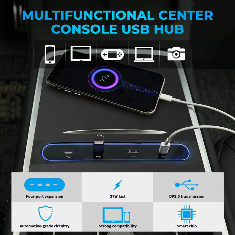 Intelligente USB-C Schnellladestation und USB-Shunt-Hub für Tesla Modell 3 und Modell Y, 27 W Adapter in Schwarz - Bild 3
