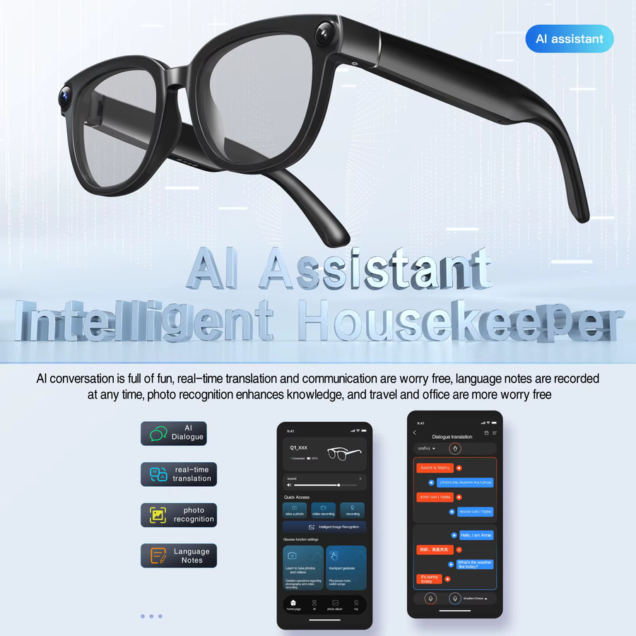 Domars KI-Smart-Brille in Schwarz mit 13MP-Kamera für Fotos und Videos, intelligenter Übersetzung, Konversation und Musikwiedergabe mit elektrochromen Gläsern - Bild 5