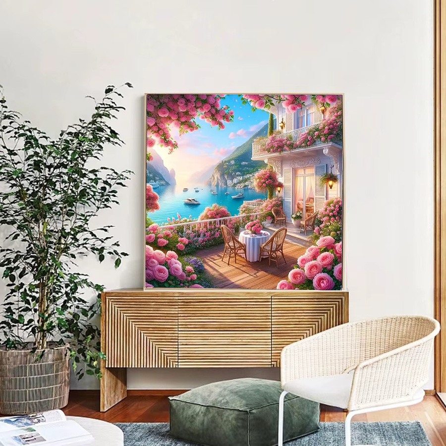 Huacan Diamantmalerei Rosenfluss-Berglandschaft als Blumen-Landschaftskunstbild mit Rundsteinen in Multicolour, B/T/H: 20 x 20 x 20 cm - Bild 3