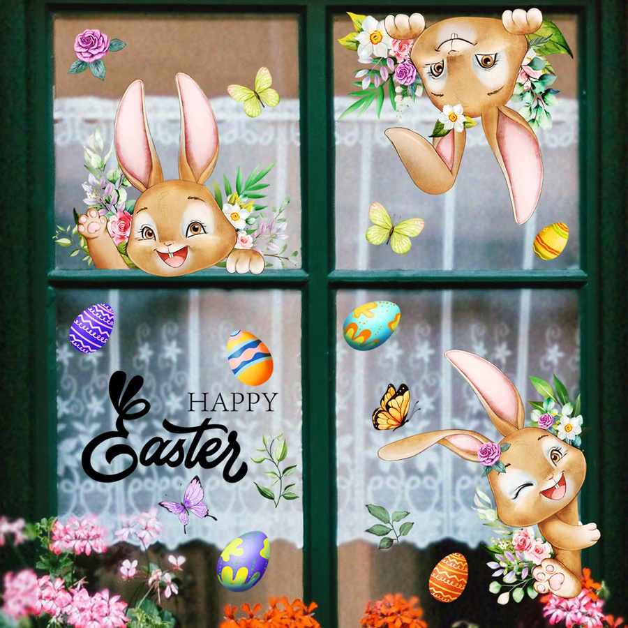 WEIGAO Oster Fenster Aufkleber mit Hasen, Eiern und Blumen in Mehrfarbig - Bild 2