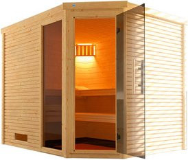 WEKA Designsauna Cubilis 3 für 6 Personen in Braun inklusive 9 kW Ofen mit externer Steuerung und Saunaleuchtenset - Bild 1