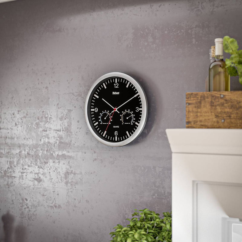 Mebus Wanduhr schwarz rund mit Quarzwerk und Klimastation, Durchmesser: 25 cm - Bild 3