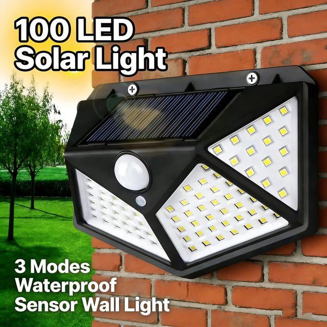 KDULIT Solar-Wandleuchte mit 100 LEDs und Bewegungssensor, wasserdichte Außenleuchte in Schwarz für Garten, Terrasse und Garage, Cool White - Bild 1