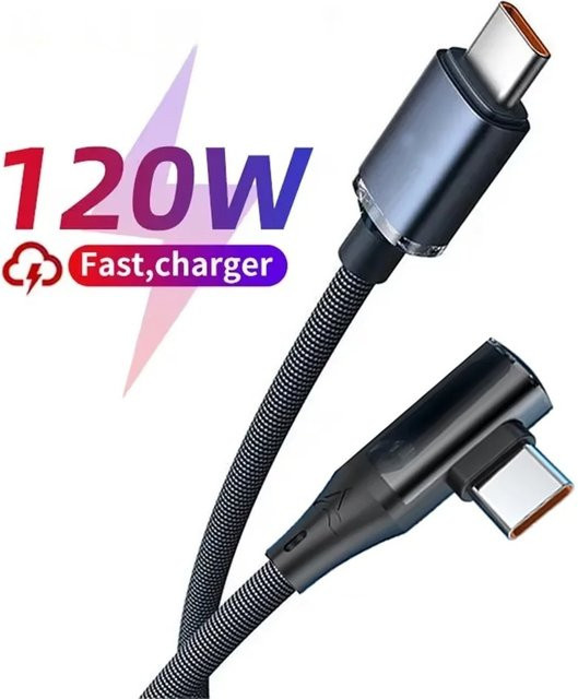 120 W USB-C auf USB-C Schnellladekabel mit 90 Grad Winkel für iPhone, Samsung, Xiaomi und Huawei in Schwarz und Lila - Bild 1