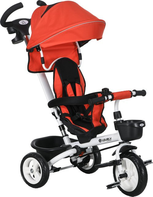 HOMCOM 6 in 1 Kinderdreirad mit Schubstange und Sonnendach in Rot, faltbares Dreirad mit Sicherheitsgurt und Korb für Kinder bis 25 kg, B/H/L: 50 x 104 x 112 cm - Bild 1