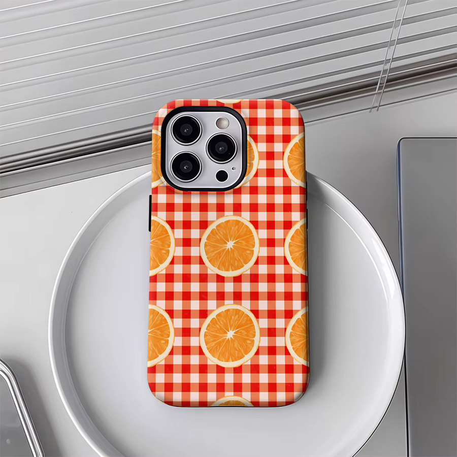Handyhülle mit orangefarbenen Scheiben auf rot kariertem Muster für Apple iPhone 17 16 15 14 13 12 Pro Max Plus mit doppelschichtiger Rückseite - Bild 4