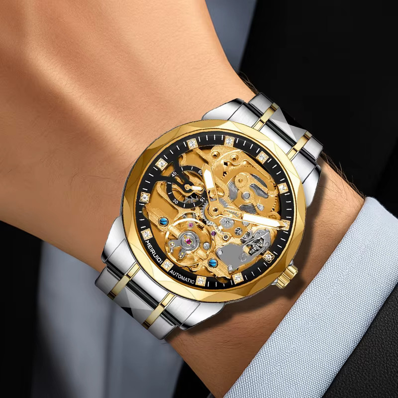 MEIRUIQI Armbanduhr, Automatik, Edelstahl, Gold, Schwarz, Herren - Bild 5
