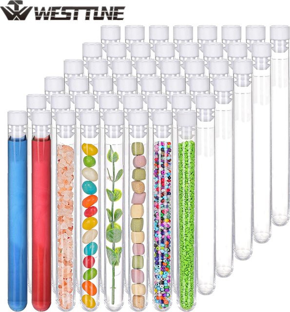 WESTTUNE 50 Stück durchsichtige Kunststoff-Reagenzgläser mit Kappen für wissenschaftliche Experimente und Proben, Farbe: transparent, Durchmesser: 12 mm, Höhe: 100 mm - Bild 1