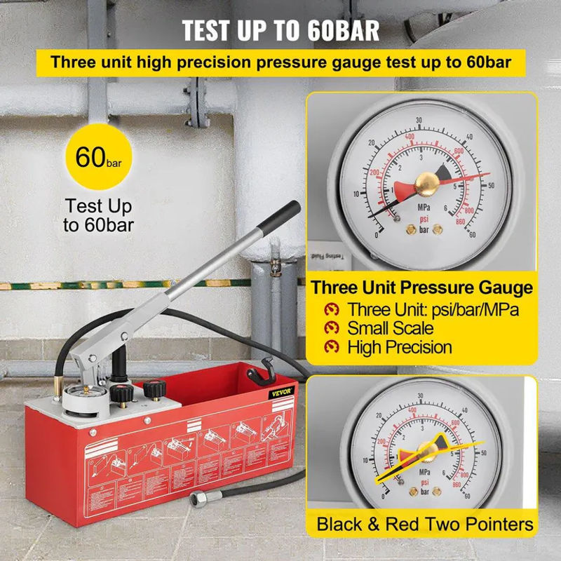 Buying Solutions MB Hydrostatische Druckprüfpumpe in Rot mit 12,1-Liter-Tank für Tests bis 60 bar/860 psi, manuelles hydraulisches Wasserdruckprüfgerät-Kit mit Dreifach-Manometer und R 1/2 Anschluss - Bild 9