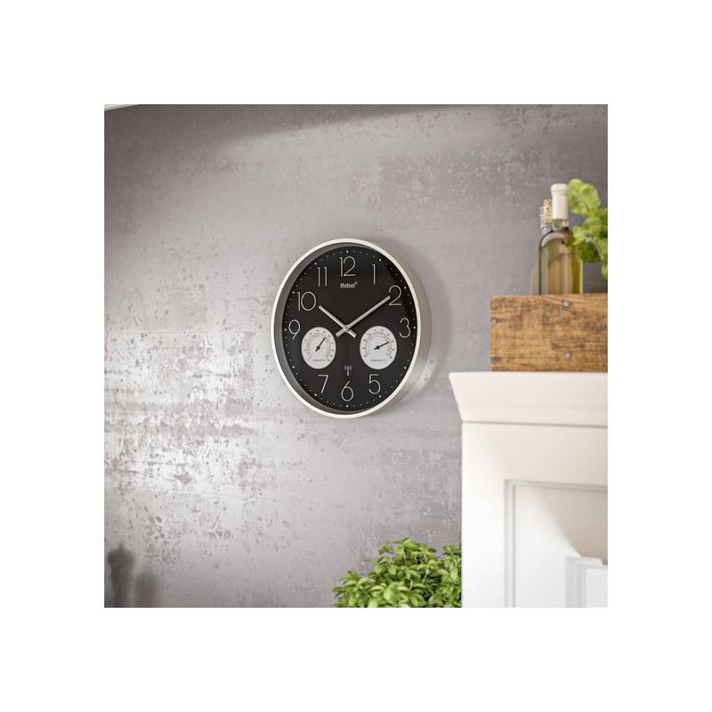 Mebus Wanduhr rund in Schwarz und Silber mit Funkuhr, Thermometer und Hygrometer, Durchmesser: 30 cm - Bild 2