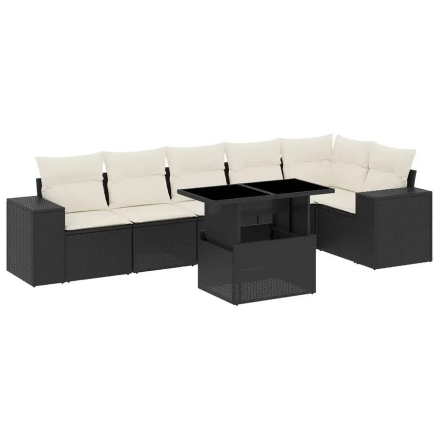 vidaXL 7-teilige Garten-Sofagarnitur in L-Form aus Poly-Rattan mit Kissen in Schwarz-Creme - Bild 2