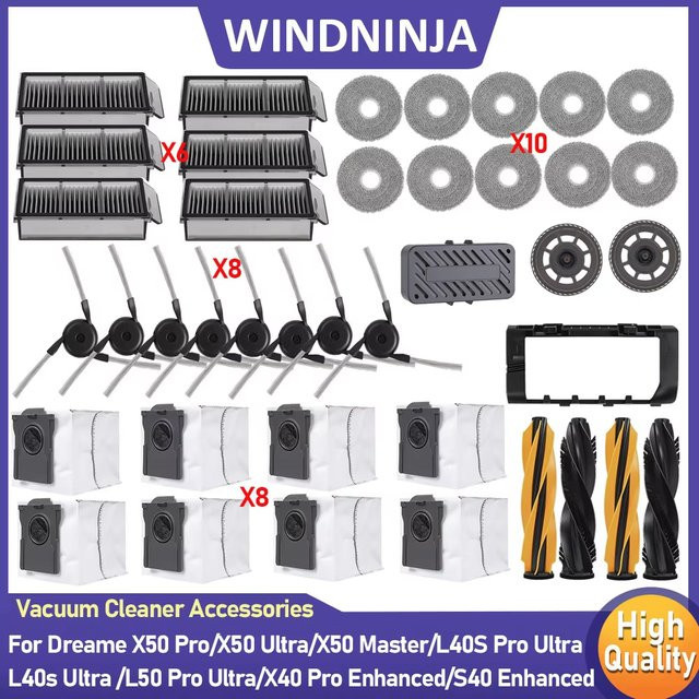 Dreame Ersatzteil-Set mit Haupt- und Seitenbürsten, HEPA-Filtern, Wischmopps und Staubbeuteln für X50 Pro, X50 Ultra, X50 Master, L40S Pro Ultra, L50 Pro Ultra und MOVA V50 Ultra, Multicolour - Bild 1