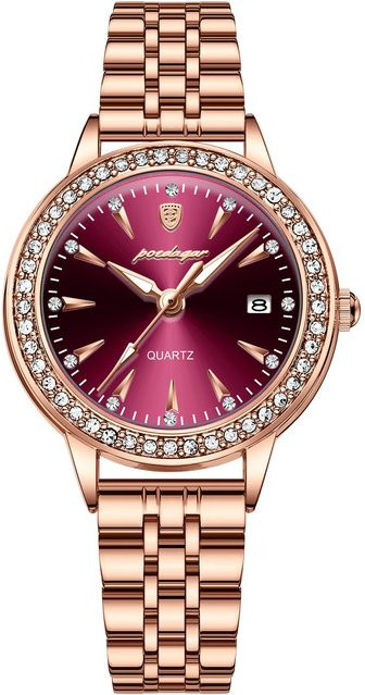 POEDAGAR Armbanduhr Damen, Quarz, Edelstahl, Roségold, Leuchtzeiger - Bild 1