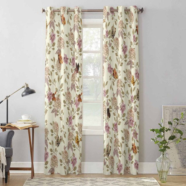 Retro Fenster Vorhang mit Blumen, Blättern und Schmetterlingen von Super Six in Grau, B: 135 cm, H: 60 cm - Bild 1