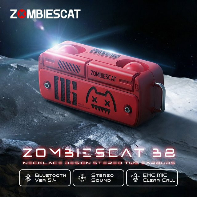 Zombies Cat B8 TWS Kabellose Ohrhörer im Halsketten-Design mit Bluetooth 5.4 und ENC-Anrufgeräuschunterdrückung in Rot - Bild 1